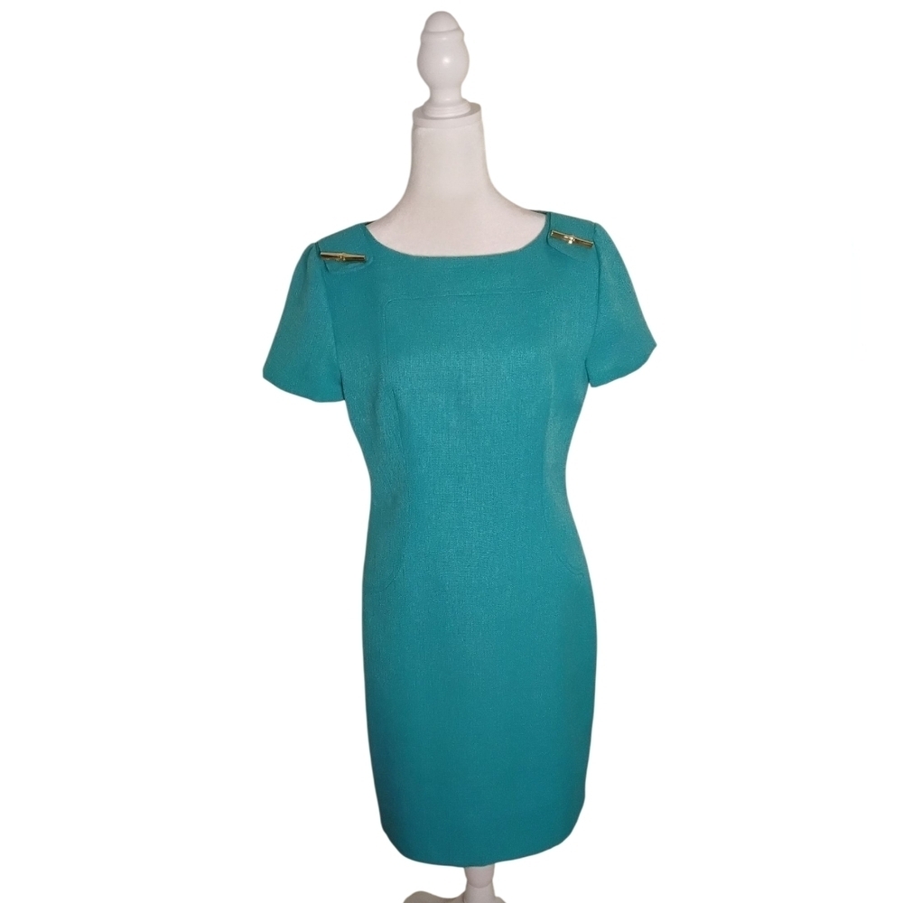 Barrie Pace Women's 6 Teal Gold Hardware Short Sleeve Midi Shealth Dress